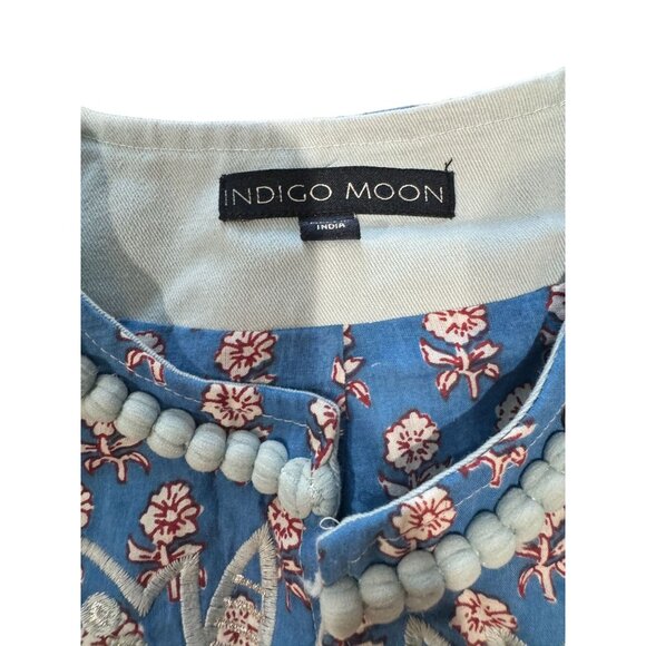 Indigo Moon Twill & Patterned Woven Trimmed & Embroidered Collarless Jacket |O1 - Picture 2 of 6